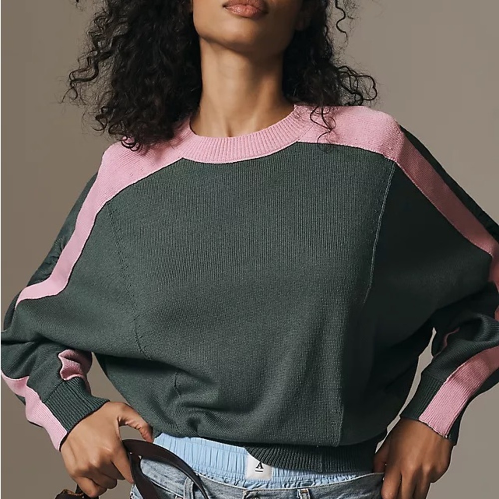 Maeve by Anthropology Pink and Dark Green Dolman Sleeve Crew Neck Sweater